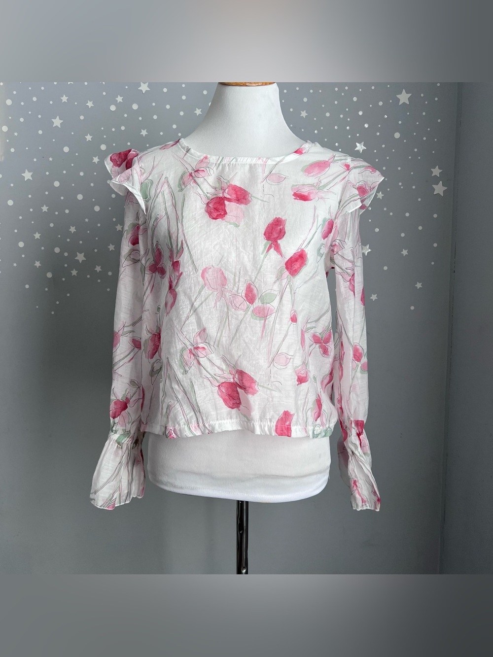 Sans Doute Floral Ruffle Shoulder Blouse Sheer White Pink Cottagecore L
